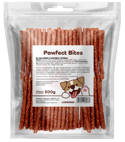 Smaczki przysmak dla psa kabanosy z kaczka i ryżem 500g PAWFECT BITES na Arena.pl