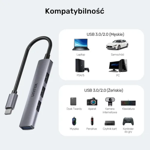 Unitek Hub USB-C 1*USB-A 5 Gbps, 3*USB-A 2.0 alu na Arena.pl