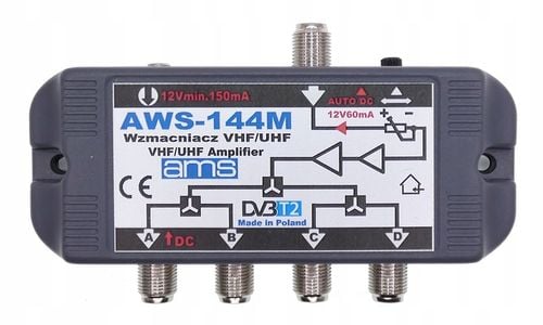 Wzmacniacz antenowy DVB-T2 budynkowy do 4 TV AWS-144M + zasilacz AMS na Arena.pl