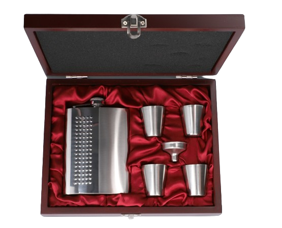 Srebrna Piersiówka z Paskiem Kropek 8 oz + 4 Kieliszki + Lejek w Zestawie zdjęcie 1