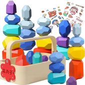 drewniane klocki kamienie balansujące montessori balans w koszyku naklejki
