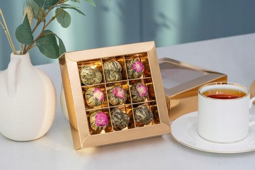 Zestaw Kwitnących herbat 9szt PREZENT podziękowanie różne SMAKI BOMBONIERKA na Arena.pl