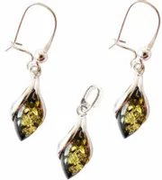 KOMPLET srebrny zielony BURSZTYN kolczyki+wis CERT