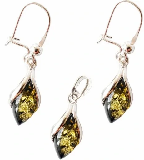 KOMPLET srebrny zielony BURSZTYN kolczyki+wis CERT zdjęcie 1