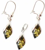 KOMPLET srebrny zielony BURSZTYN kolczyki+wis CERT