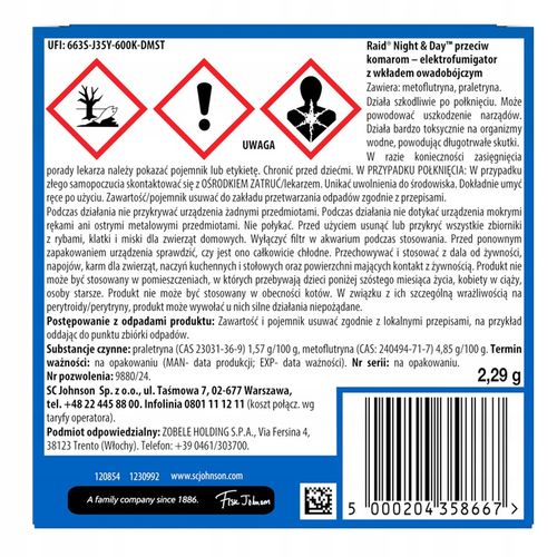 ELEKTROFUMIGATOR OWADOBÓJCZY Z WYMIENNYM WKŁADEM RAID 240H na Arena.pl