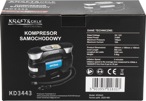 KOMPRESOR SAMOCHODOWY 7BAR 250W KD3443 na Arena.pl