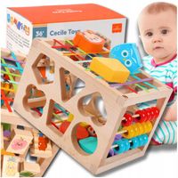 DREWNIANY SORTER KLOCKÓW ELASTYCZNA KOSTKA SENSORYCZNA MONTESSORI GUMKI 12