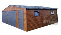 GARAŻ BLASZANY 8m x 7m dwuspad - 2x Brama + drzwi + 2x okno - Rynny - ciemny orzech drewnopodobny + antracyt Blachodachówka BOX31 8x7