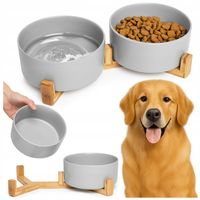 MISKA CERAMICZNA PODWÓJNA PSA KOTA 2x850ml DWIE MISKI DREWNIANA PODSTAWA