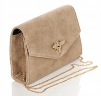 Salvare Beżowa torebka kopertówka na złotym łańcuszku ZAMSZ NATURALNY