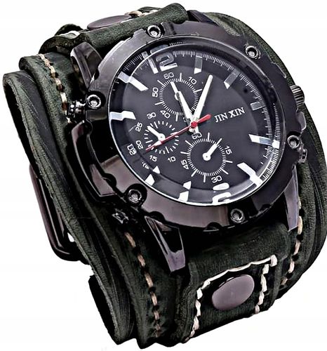 Czarny zegarek męski skórzany szeroki pasek retro casual duża tarcza MD na Arena.pl