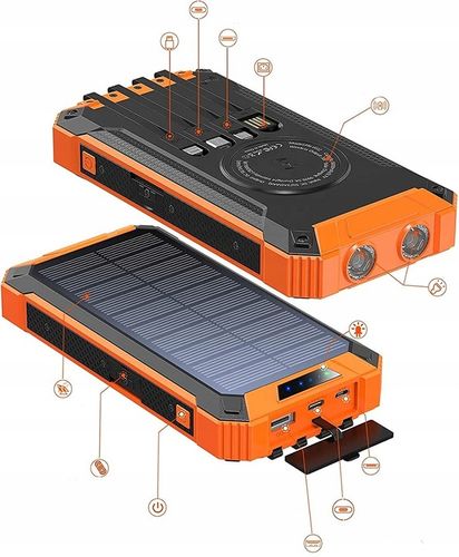 POWERBANK ŁADOWARKA PANEL SOLARNY INDUKCYJNY 30000mAh 6xUSB LATARKA 2x LED na Arena.pl