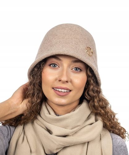 Jasnobeżowy Kapelusz Bucket Czapka Damski Wełniany Elegancki Gładki na Arena.pl