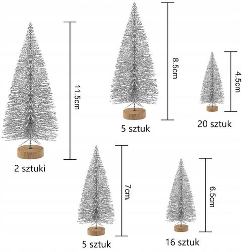 Mini choinki na pniu brokatowe drzewka 48szt. 5 rozmiarów srebrne na Arena.pl