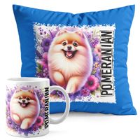 ZESTAW KUBEK + PODUSZKA NIEBIESKA - PIES PSY PIESEK RASA POMERANIAN SZPIC