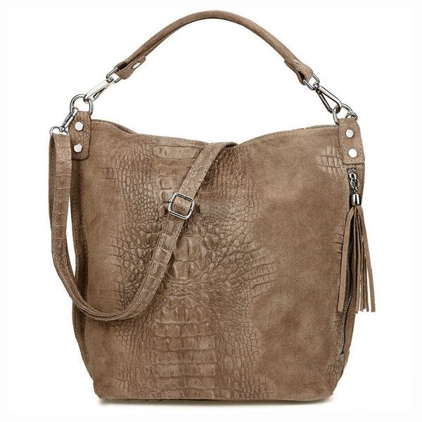 VERA PELLE torebka zamszowa worek kroko z paskiem na ramię V476 taupe zdjęcie 2