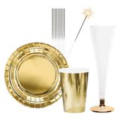 Zestaw zastawy złoty - talerzyki, kubeczki, kieliszki + zimne ognie
