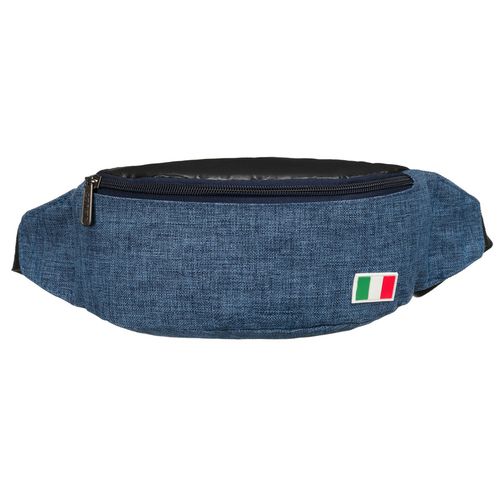 niebieska saszetka zawieszona na regulowanym pasku, zapinana suwakiem na Arena.pl