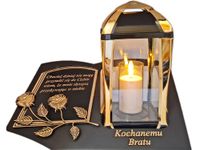 BRAT BRATU ZNICZ LAMPION NA GRÓB KPL ZŁOTO SKOS SENTENCJA+ ŚWIECA