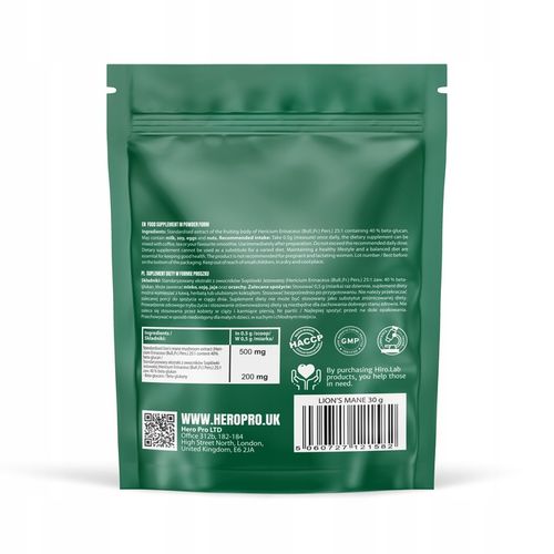 LION'S MANE SOPLÓWKA JEŻOWATA EKSTRAKT PAMIĘĆ 500mg DER 25:1 30g HIRO.LAB na Arena.pl