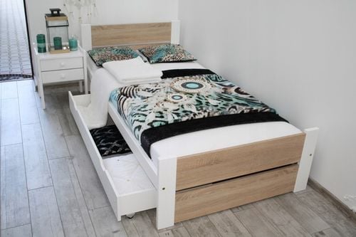 Łóżko pojedyncze drewniane LEA 90x200 białe Dąb Sonoma stelaż na Arena.pl