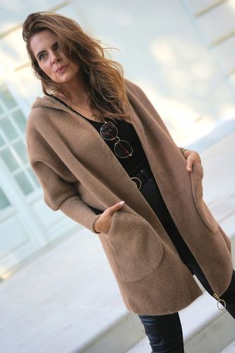 PRZEJŚCIOWY PŁASZCZ z alpaki Z KAPTUREM na suwak KOLOR BIAŁY r. oversize na Arena.pl