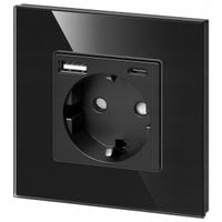 Gniazdko Pojedyncze Podtynkowe 230V + USB + USB C Szklane Czarne SCHUKO