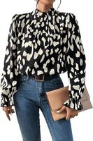 Bluzka damska elegancka z falbankami stójka długi rękaw czarno-biała M