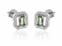 RODOWANE SREBRNE KOLCZYKI PROSTOKĄTNE WKRĘTY TOPAZ BIAŁE CYRKONIE