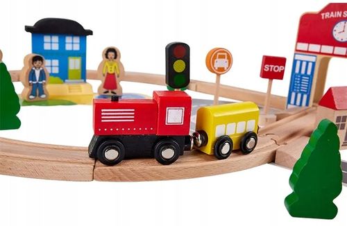 DREWNIANA KOLEJKA TOR WAGONY POCIĄG Budynki Ciuchcia Lokomotywa Zestaw na Arena.pl