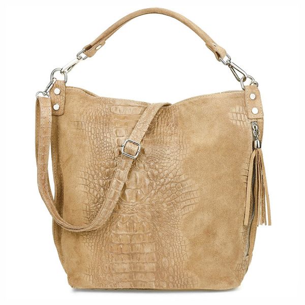 VERA PELLE torebka zamszowa worek kroko z paskiem na ramię V476 c.beżowa zdjęcie 2