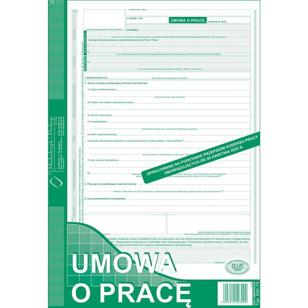 DRUK 500-1K UMOWA O PRACĘ A4 zdjęcie 1