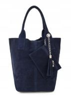 VERA PELLE torebka damska zamszowa worek shopper z suwakiem V146 granatowa