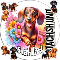 OPŁATEK NA TORT 20CM - PSY Dachshund DEKORACJA URODZINOWA + IMIĘ 15CM 18CM