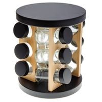 Stojak na przyprawy ARIO 12 słoików obrotowy czarny stal drewno bambusowe