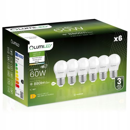 6x Żarówka LED E27 MAŁA KULKA 8W = 80W 4000K Neutralna LUMILED NIE na Arena.pl