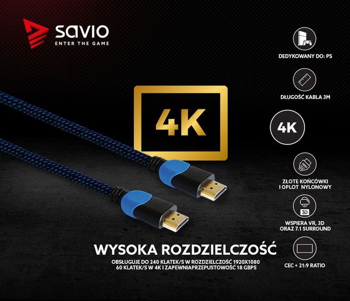 Elmak Kabel HDMI, v2.0 3D, gamingowy, PLAYSTATION, niebiesko-czarny, oplot nylon, złoty, 4Kx2K, 3.0m SAVIO GCL-05 na Arena.pl