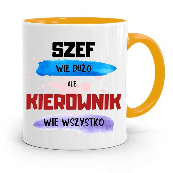 Kubek Żółty Dla Kierownika Kierownik Wie Wszystko Z Nadrukiem Ze Zdjęciem zdjęcie 1