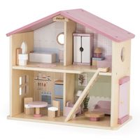 DOMEK DLA LALEK Drewniany – Zestaw Domek 2 Piętra + 16 Mebelków,