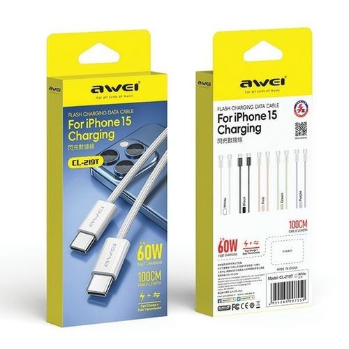 AWEI kabel CL-219T USB-C na USB-C 60W biały/white iPhone 15 na Arena.pl