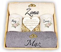 ŚLUB PREZENT NA WESELE ŚLUBNY ZESTAW RĘCZNIKÓW Z HAFTEM KUBKI DLA MĄŻ ŻONA