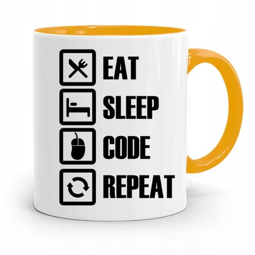 Kubek Żółty Informatyka Programisty Eat Sleep Z Nadrukiem Ze Zdjęciem na Arena.pl