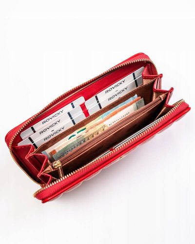 czerwony portfel damski ze skóry ekologicznej z pikowanym panelem - rovicky na Arena.pl