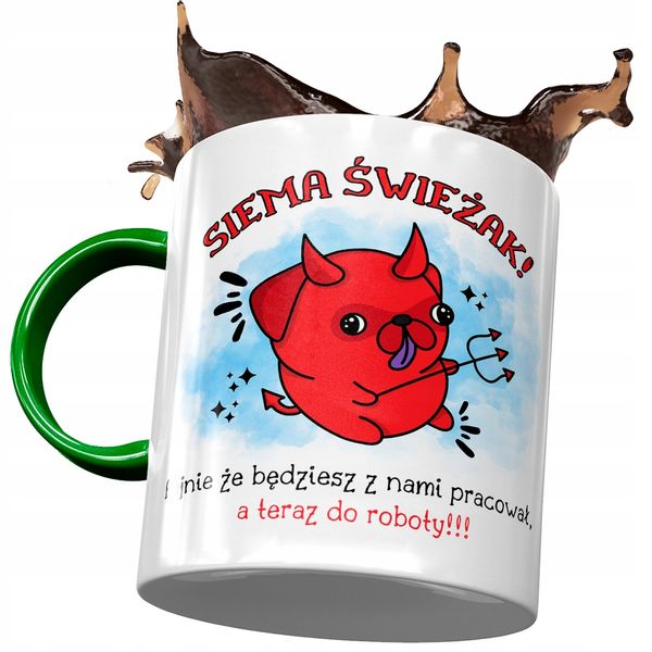 Kubek Zielony Na Powitanie Przywitanie W Pracy Z Nadrukiem Ze Zdjęciem zdjęcie 1