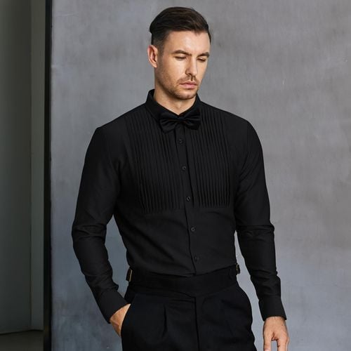 Koszula Męska Formalna Regular Fit Paski z Muszką Czarna M Elegancka na Arena.pl