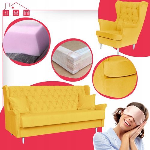 Rozkładany zestaw wypoczynkowy z wersalką fotele uszaki ŻÓŁTY na Arena.pl