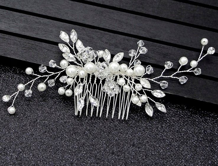 Do Włosów Srebrny Grzebyk Ozdoba Perełki Kryształy zdjęcie 6