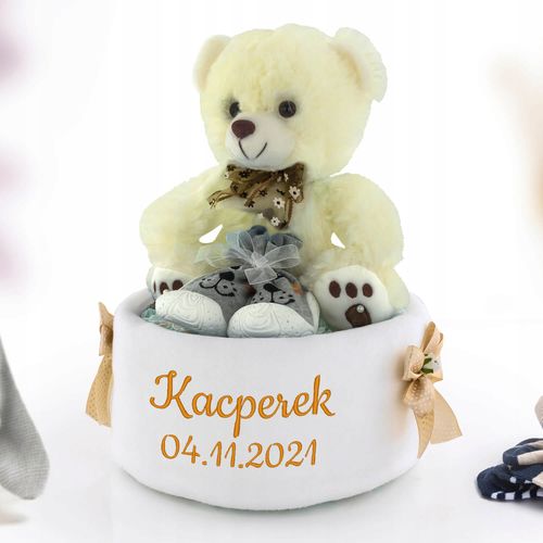 Tort z pampersów rozmiar 3 miś kocyk z haftem Prezent na chrzest roczek na Arena.pl