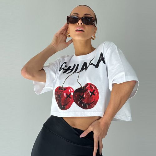 Chiara Wear - T-shirt crop top CHERRY - biały XS na Arena.pl